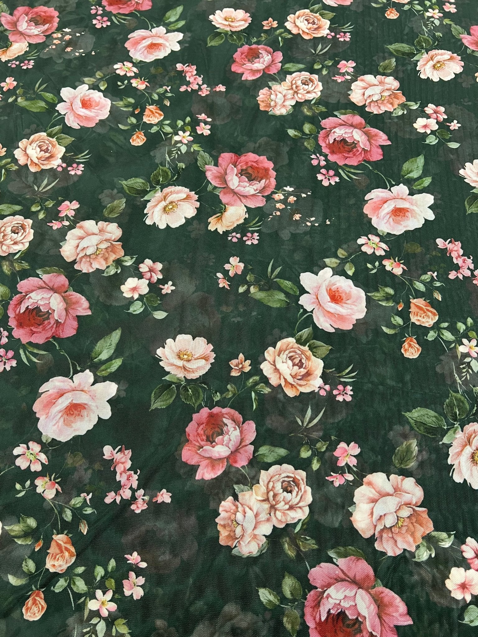 Black Rose Floral Print Mesh Fabric Stretch - T9 Fabrics
